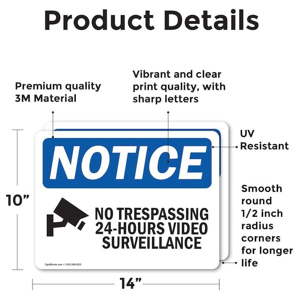 No Trespassing 24-Hour Video Sign, Vinyl Decal, 14in W X 10in L, 2PK